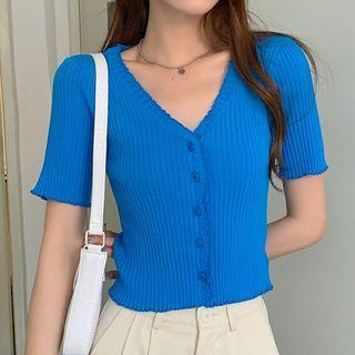 Lettuce Edge Short-sleeve Cropped Knit Cardigan