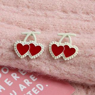 Heart Ear Stud 1 Pair - White & Red - One Size