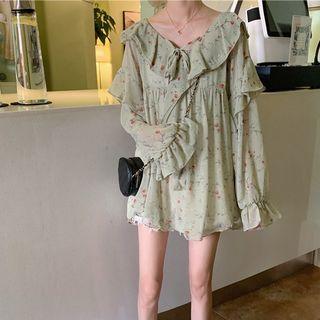 Floral Print Ruffled Chiffon Blouse Light Green - One Size