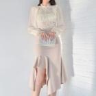 Set: Puff-sleeve Lace Panel Blouse + Asymmetrical Mermaid Skirt