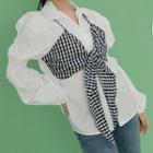 Mock Two-piece Gingham Panel Long-sleeve Blouse