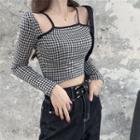 Mock Two-piece Long-sleeve Cutout Checked Crop Top Gingham - Black & White - One Size