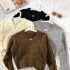 Plain V-neck Long-sleeve Cable-knit Sweater