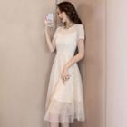 Lace Trim Sequined Short-sleeve A-line Dress