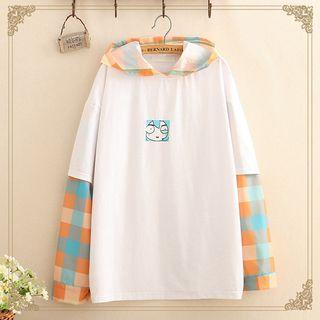 Mock Two-piece Check Panel Printed Hoodie