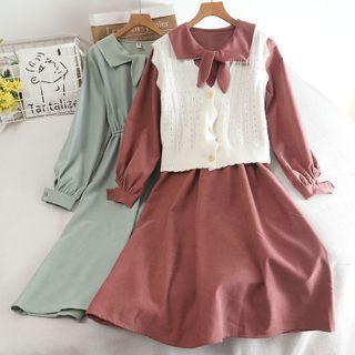 Long-sleeve Collared Midi A-line Dress / Pointelle Knit Button-up Vest / Set
