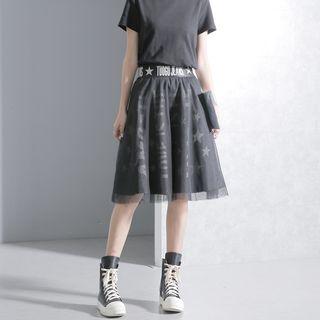 Mesh-overlay Printed Denim Skirt