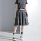 Mesh-overlay Printed Denim Skirt