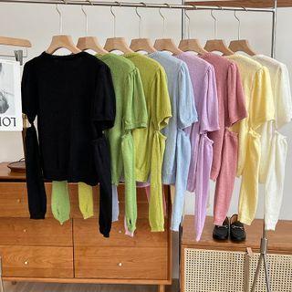 Puff-sleeve Round Neck Plain Light Knit Top