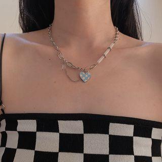 Heart Check Pendant Alloy Choker 1 Pc - Heart Check Pendant Alloy Choker - Blue & White - One Size