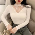 Lace Panel Mock-neck Long-sleeve Top