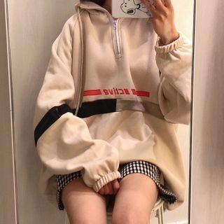 Lettering Half-zip Turtleneck Hoodie