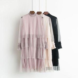 Long-sleeve Tiered Dotted Mesh Dress