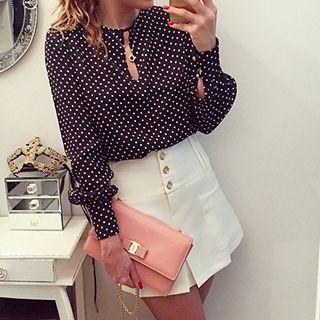 Puff-sleeve Dotted Chiffon Blouse