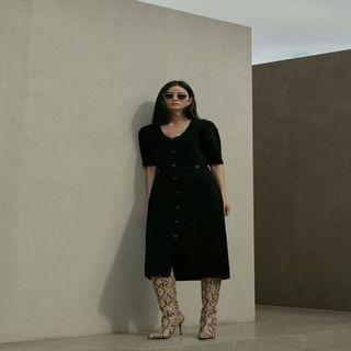 Short-sleeve Button-up Midi Knit Dress