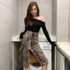 One-shoulder Long-sleeve T-shirt / Leopard Print Side-slit A-line Skirt