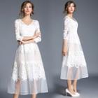 3/4-sleeve Lace Embroidered A-line Midi Dress