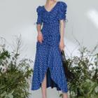 Short-sleeve Floral Print Drawstring Midi A-line Dress