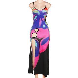 Spaghetti-strap Print Slit Maxi Sheath Dress