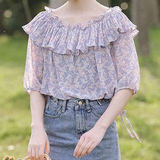 Floral Ruffle Trim Short-sleeve Blouse
