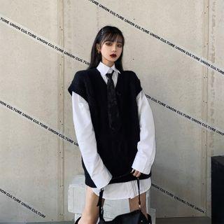 Long-sleeve Shirt With Necktie / V-neck Knit Vest