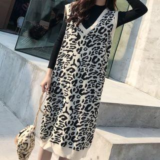Leopard Print V-neck Long Knit Vest