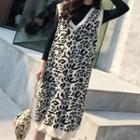 Leopard Print V-neck Long Knit Vest