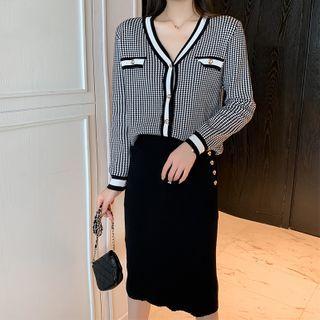 Argyle Print Cardigan / Midi A-line Skirt