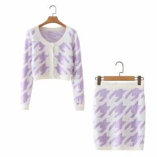 Houndstooth Cardigan / Mini Pencil Skirt / Set