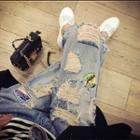 Ripped Applique Straight Cut Jeans