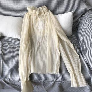 Ruffle-hem Long-sleeve Blouse Almond - One Size
