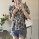 Short-sleeve Floral Print Blouse Floral - Almond - One Size