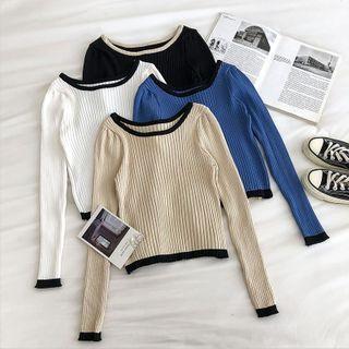 Long-sleeve Round Neck Color Block Knit Top