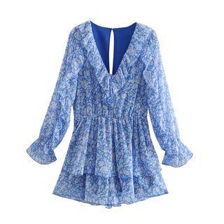 Long-sleeve Print Frill Trim Romper