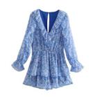 Long-sleeve Print Frill Trim Romper