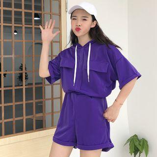 Set: Hooded Elbow-sleeve T-shirt + High Waist Shorts