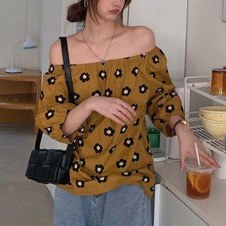 Off-shoulder Floral Blouse Yellow - One Size