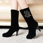 Embroidered High-heel Mid-calf Boots