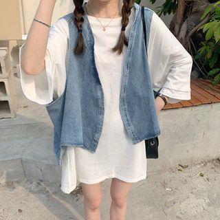 3/4-sleeve Mini T-shirt Dress / Open Front Denim Vest