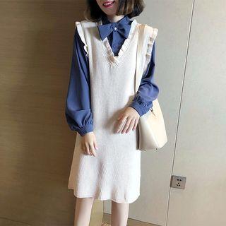 Set: Chiffon Blouse + Frill Trim Knit Pinafore Dress