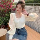 Smocked Long-sleeve Blouse Almond - One Size
