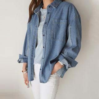 Pocket-detail Contrast-trim Denim Shirt Blue - One Size