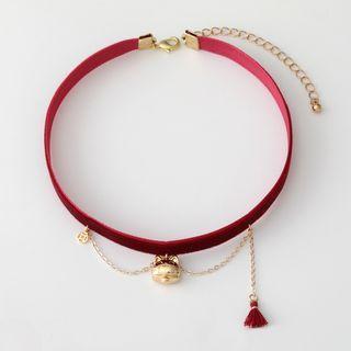 Fortune Cat Pendant Velvet Choker 1pc - Gold & Red - One Size