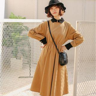 Contrast-trim Gather-waist Midi Dress