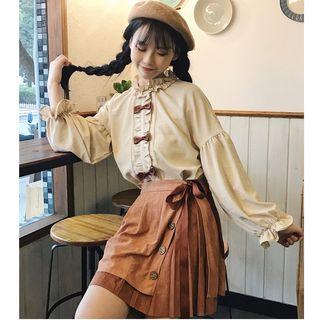 Ruffle Trim Blouse / Pleated A-line Skirt