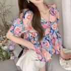 Short-sleeve Floral Blouse Floral - Tangerine & Blue - One Size