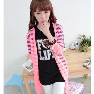 Striped Mesh Open-front Long Cardigan