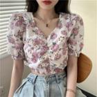 Cropped Floral Short Sleeve V-neck Blouse As Shown In Figure - One Size
