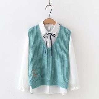 Set: V-neck Knit Vest + Long Sleeve Shirt