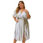 Short-sleeve Tie-waist Slit Printed Shift Dress